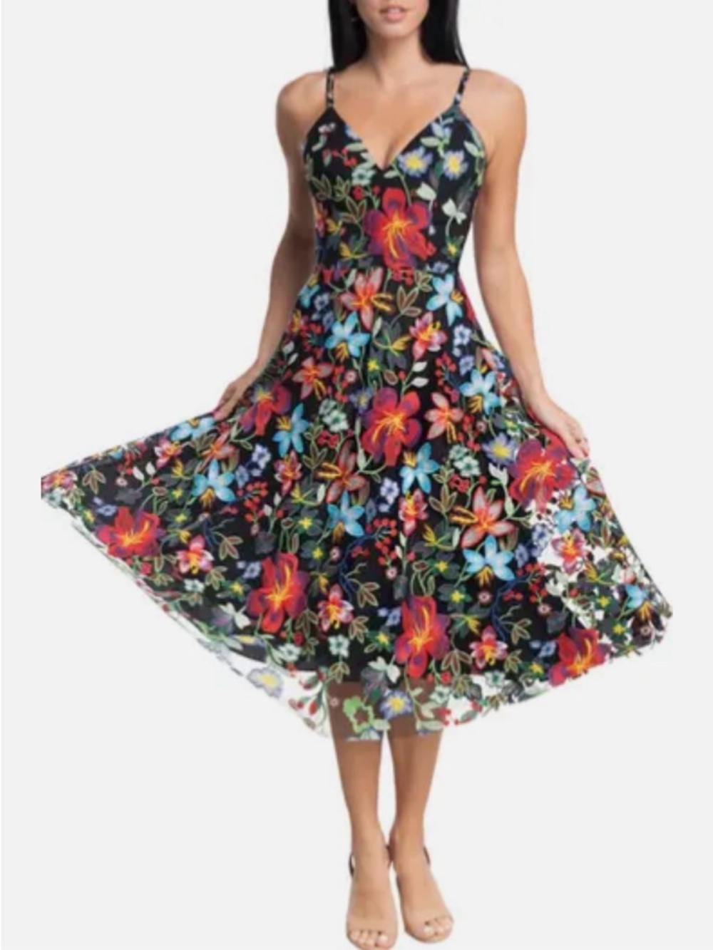 Dress the Population Black Midi Dress with Multicolor Floral Embroidery